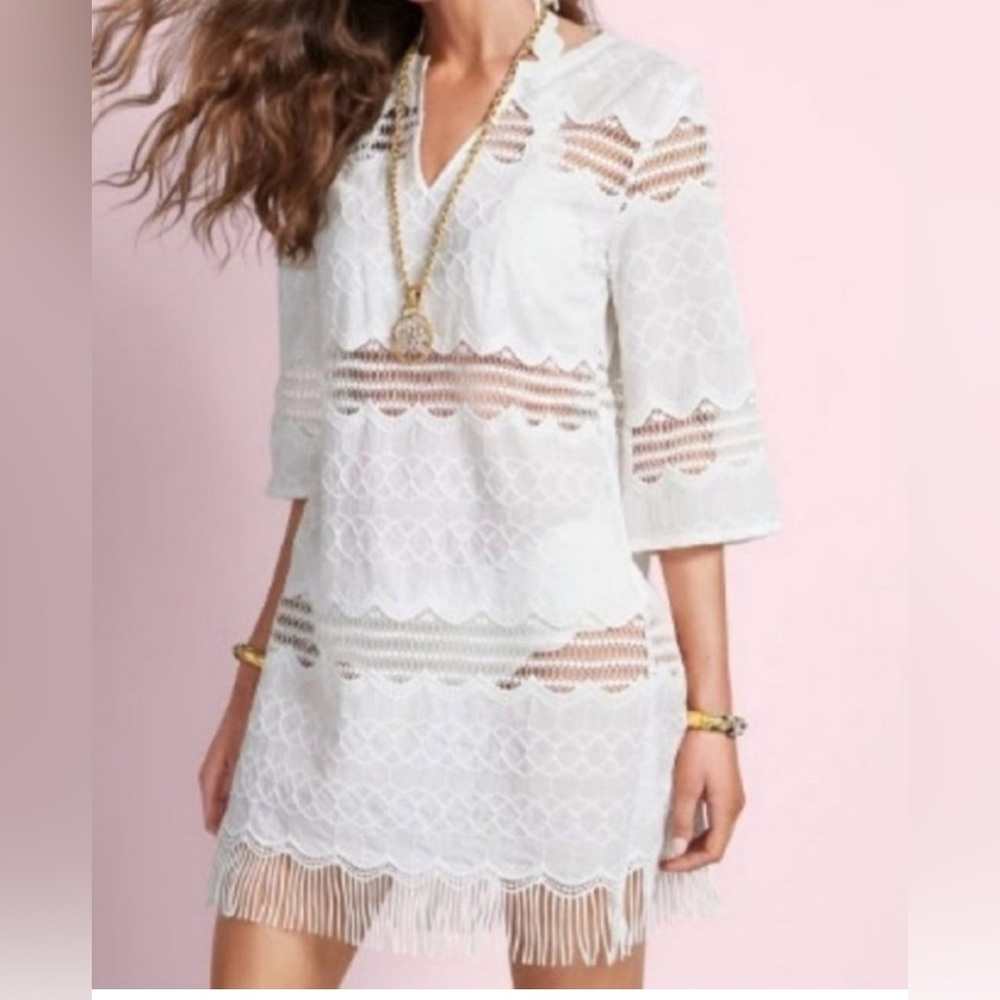 Cabi #5385 White Majorca Fringed Cover Up Size M EUC